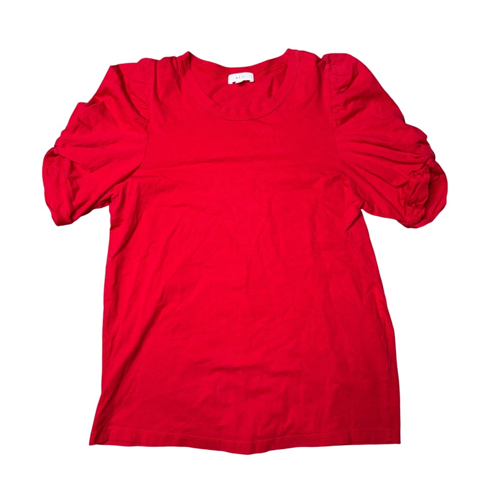 A.L.C. Puff Sleeve Top Women Medium Red Good Ruched Cotton Crew Neck Tee